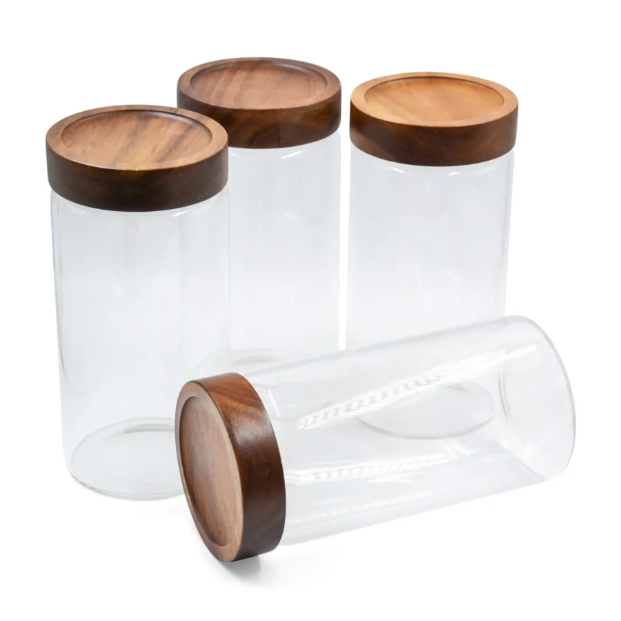 1300ml Acacia Wood Glass Jars (set of 4)